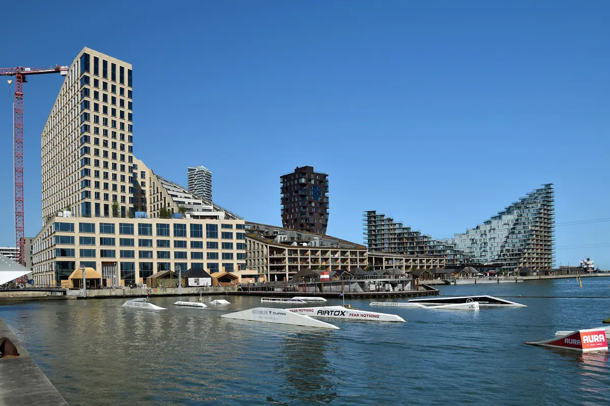 New harbourfront apartment blocks across the water on Aarhus Ø, Aarhus's docklands district