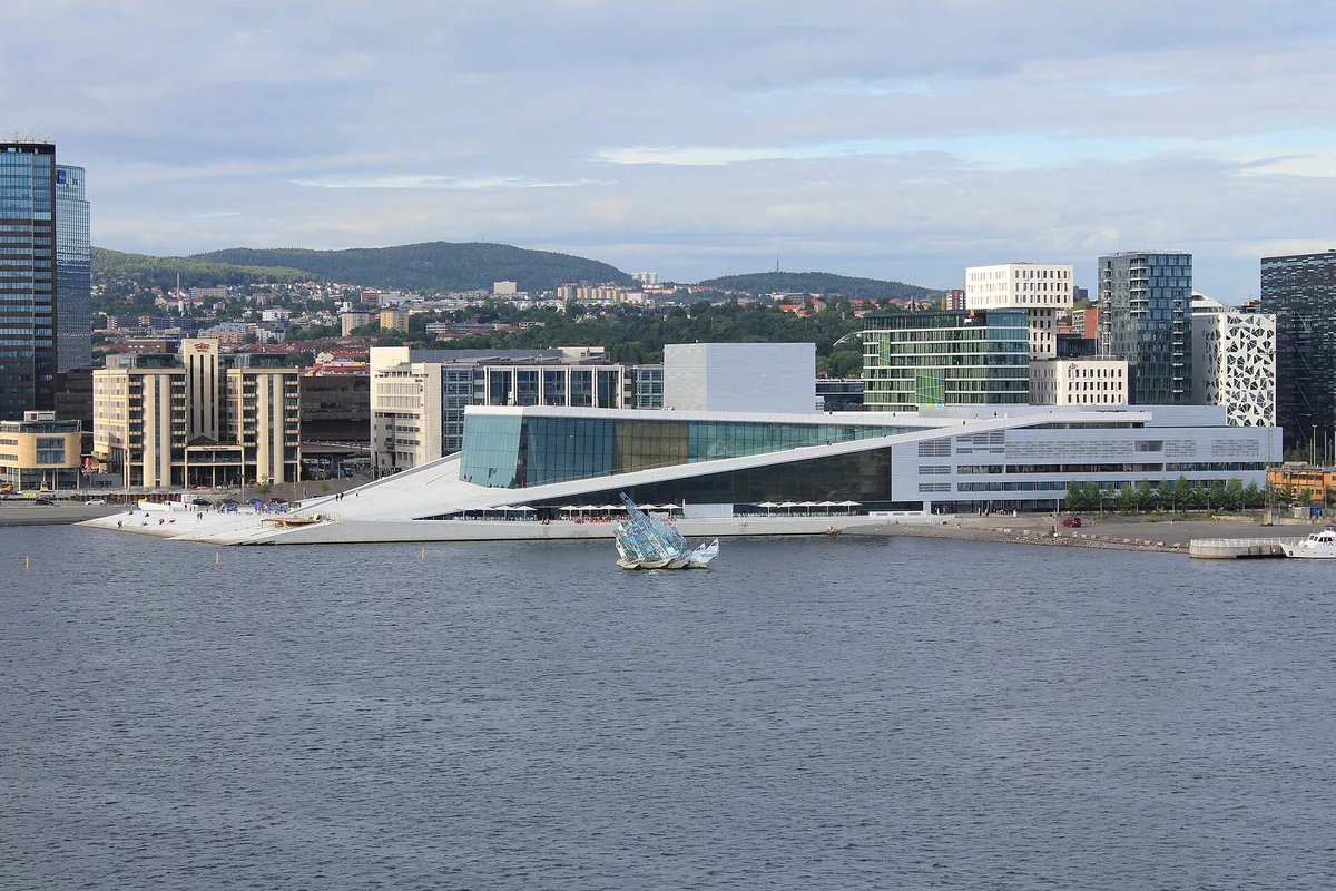 The Oslo Opera House and the Bjørvika waterfront across the Oslofjord, Oslo