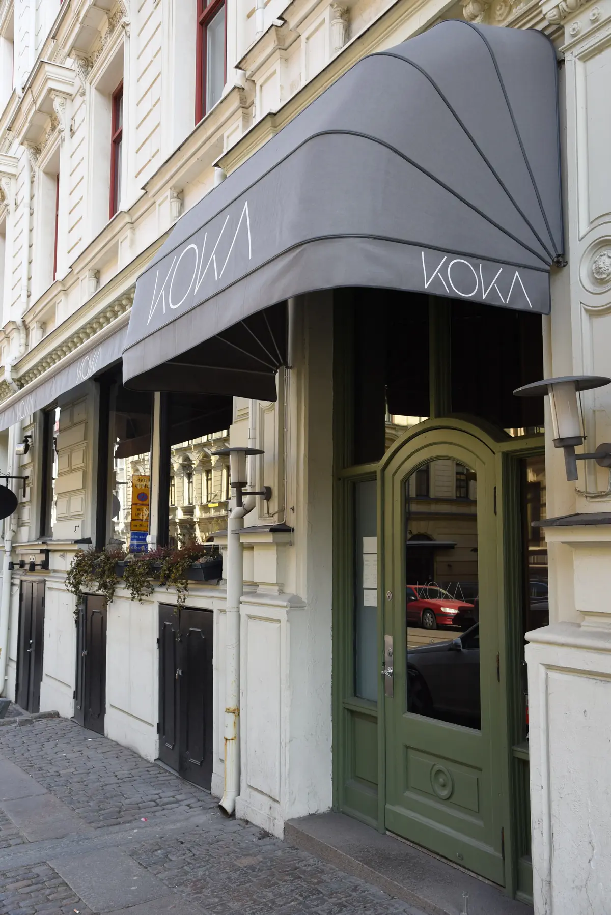 The KOKA awning over the restaurant's entrance on Viktoriagatan 12, Gothenburg (photographed in 2015)