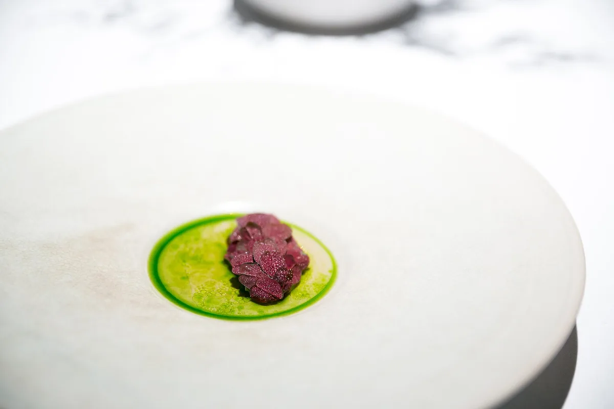 A small course served at the centre of a wide white plate at Maaemo, Oslo (photographed in 2015)