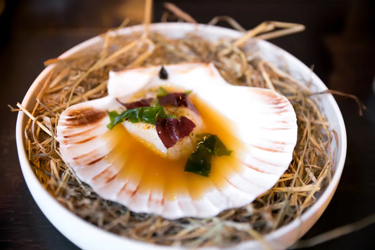 A scallop course served in its shell on a bed of hay at RE-NAA, Stavanger (photographed in 2016)