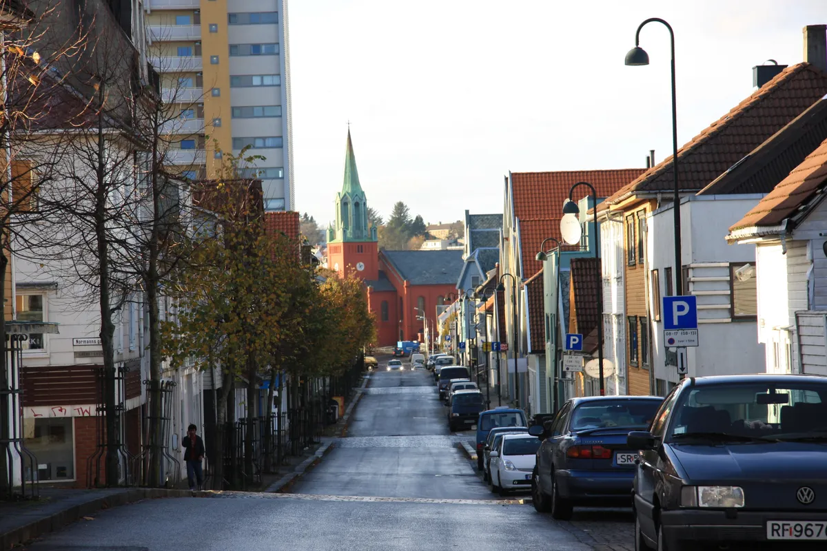 Pedersgata, Stavanger, with St Petri Church at the end of the street, the street where Sabi Omakase is