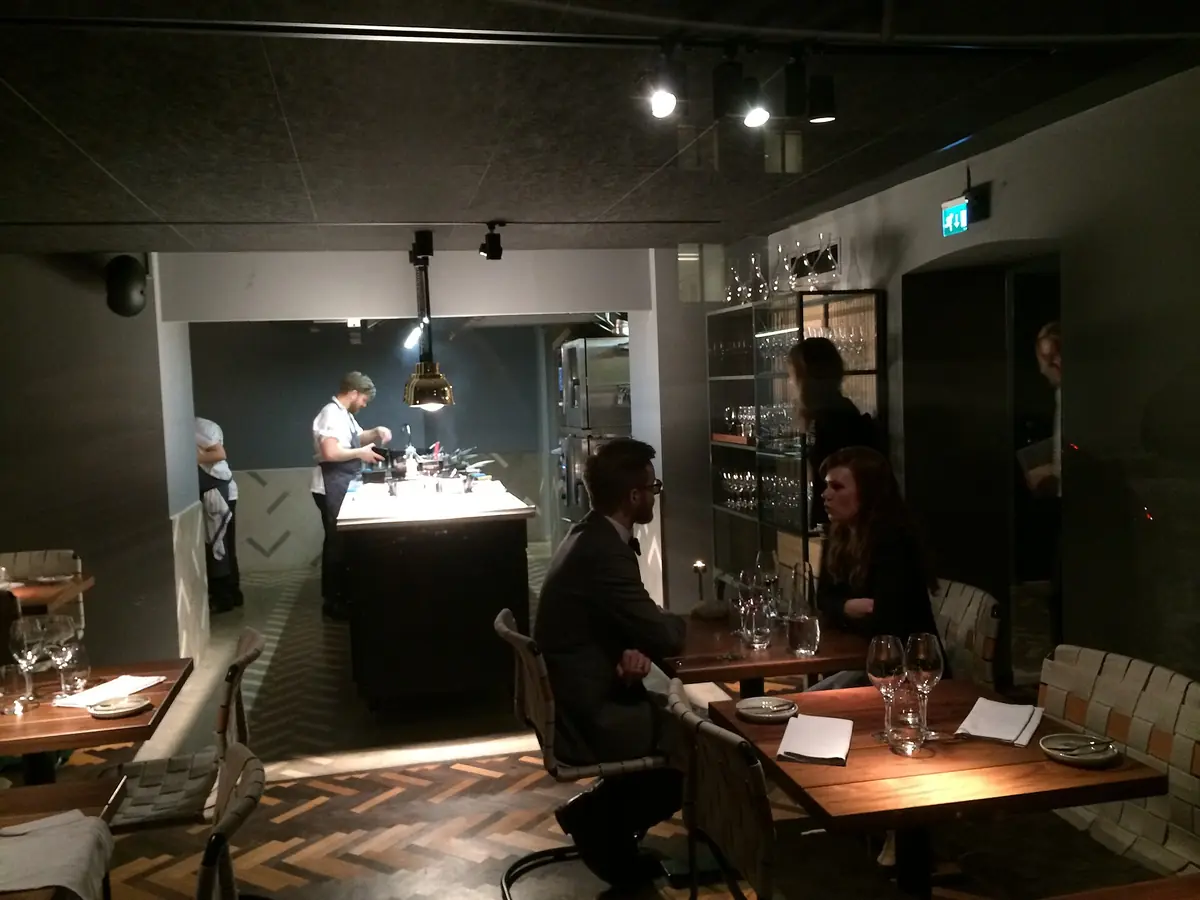The dining room and open kitchen at SK Mat & Människor, Gothenburg (photographed in 2015)